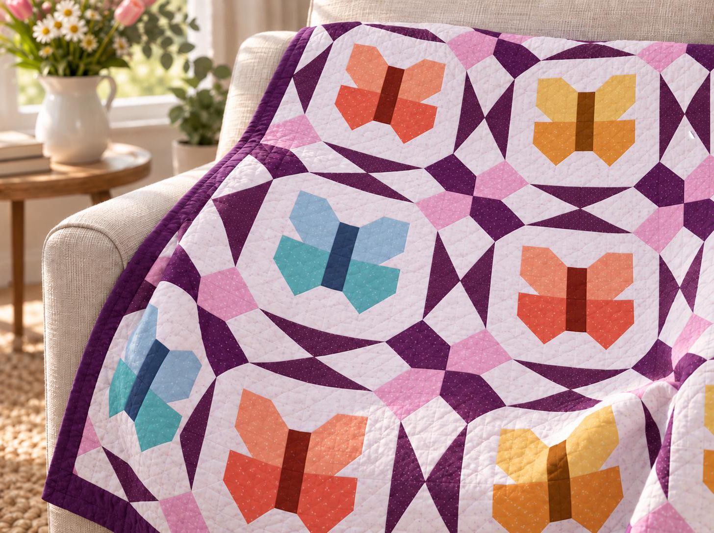 Butterfly Trellis quilt shown in an illustrative lifestyle mockup