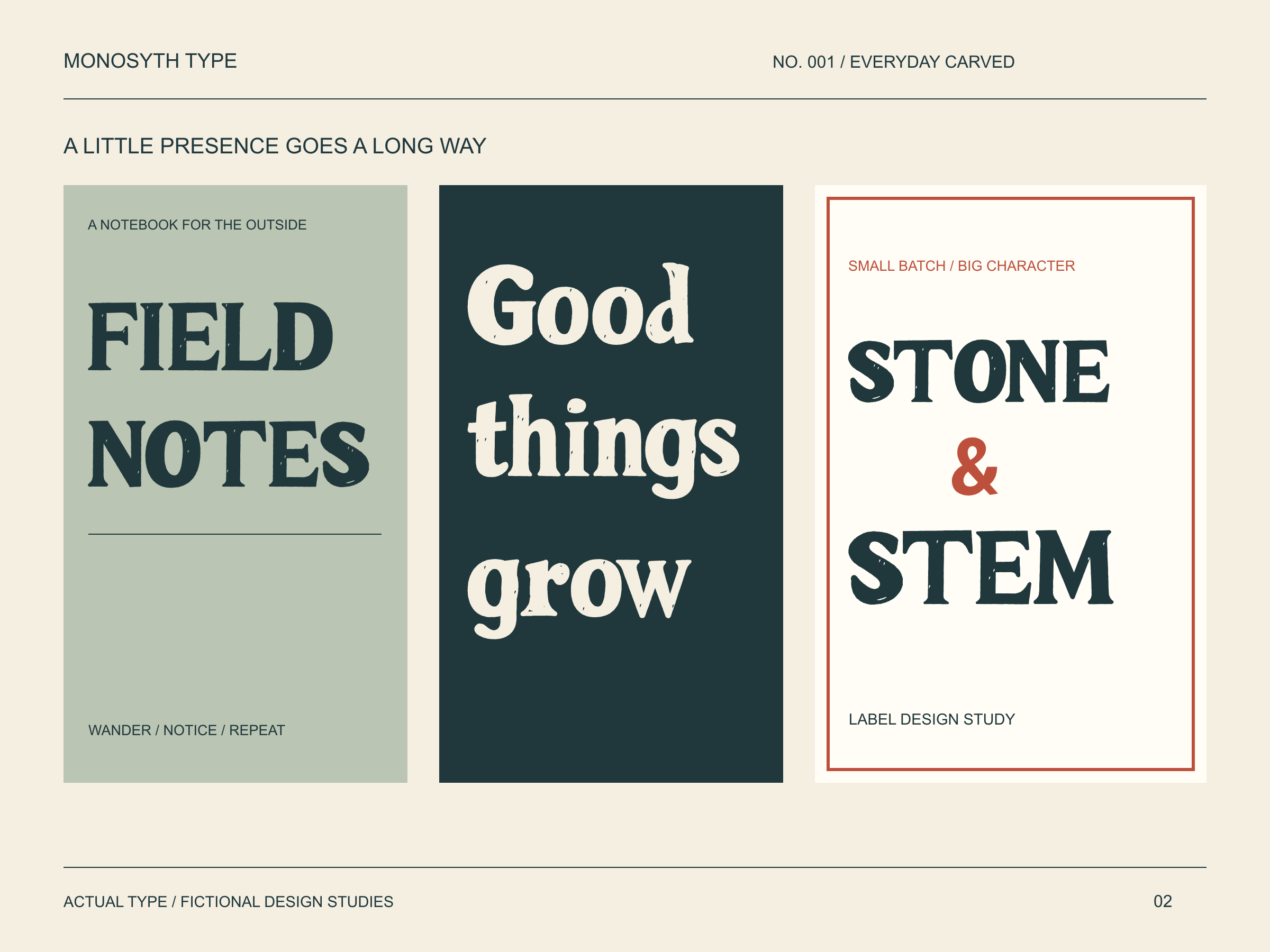 Everyday Carved on a Field Notes notebook, a Good things grow poster, and a Stone & Stem label